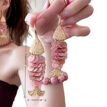 1 Pair Creative Fish-Shaped Shell Tassel Earrings For Women, Summer Beach Vacation Style, Elegant And Unique High-End Accessory - Pink - View 2