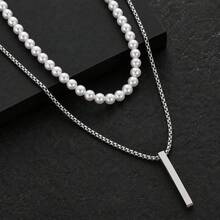 Bộ 2 dây chuyền choker nam phối nhiều lớp bằng thép không gỉ, mặt thanh dài hình vuông đính hạt, màu vàng/bạc thời trang - Thanh hình chữ nhật - Xem 3