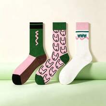 3 Pairs Pink & Green Colorblock Mid-Calf Socks For Women, Abstract Cartoon Rabbit Slouch Socks, Ins Style - Multicolor - View 7