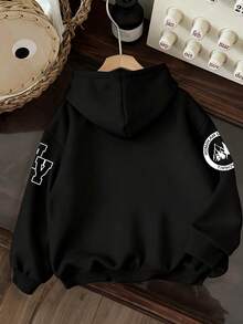 Boys And Teens, Black Hoodie And Black Cargo Pants Two Pieces Set; Creative Letter Print Pullover, Simple Casual Style Long Sleeve Long Pants Set For Boys - Black - View 6