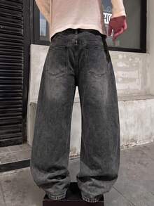 LIYS Men's Vintage Skull Print Wide Leg Loose Fit Jeans, Washed Grey Loose Denim Pants - Light Grey - View 4