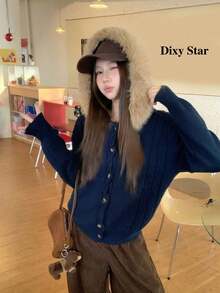 Women's Hooded Plush Patchwork Casual Versatile Daily Wear Cardigan - Navy Blue - View 7