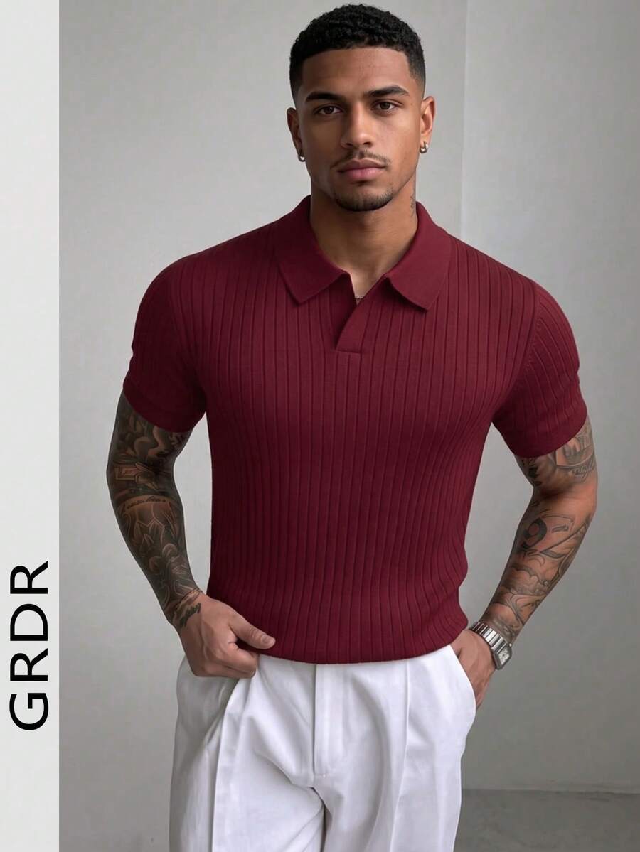 GRDR Men's Summer Solid Color Polo Collar Short Sleeve Knit Sweater, Suitable For Summer Outings, Essential For Fashionable Styling