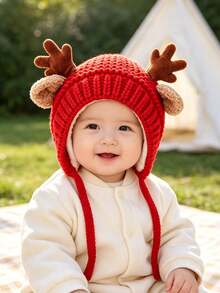 1pc Red Knitted Earflap Hat, Cute Deer Horn Decoration, Soft Lining Warm Knitted Hat With Drawstring, Winter Outdoor Protective Headwear, Suitable For Daily Wear - Multicolor - View 1