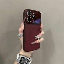 Luxury Lychee Pattern Faux Leather Large Window Phone Case, For 17 Pro Max, 17 Pro, 17, 16 Pro Max, 16 Pro, 15 Pro Max, 15 Pro, 13 Pro Max, 14 Pro, 16, 15, 14, 13, Lens Protection, Shockproof Back Cover - Retro Red - View 2