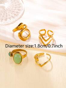 4pcs Vintage Luxury Stainless Steel Gold Ring Set, Inlaid With Light Green Gemstone, Geometric Open Design, Suitable For Women's Daily Wear, Dating, Holiday, Halloween, Saudi National Day - Gold - View 3