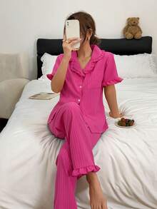 2pcs Women's Pajama Set, Classic Striped Ruffle Trim Short Sleeve Long Pants Pajama Set, Open Front Lapel Comfortable Pajamas - Soft Short Sleeve Button Up Top And Elastic Waist Long Pants, Casual Loungewear - Hot Pink - View 4