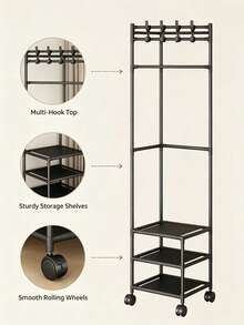 Mobile Garment Rack With Wheels, Multi‑Functional Metal Clothes Stand With Top Hooks & 3‑Tier Storage Shelves, Freestanding Clothing Organizer For Bedroom Entryway - View 6