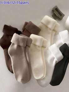 1/3/6/12/15 Pairs Women's Winter Thermal Lined Mid-Calf Socks, Minimalist Solid Color Thick Terry Warm Socks, Multi-Color Assorted Pack, Suitable For Cold Weather Daily Wear - Multicolor - View 11