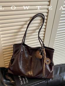 low tea 1pc Pleated PU Fabric Shoulder Tote Bag Suitable For Commuting, Shopping, Etc. (With Pendant) - Coffee - View 11