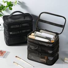Nylon Mesh 3-Layer Makeup Bag, Large Capacity Multi-Compartment Storage Bag, Multi-Function Toiletry Bag - Black - View 6