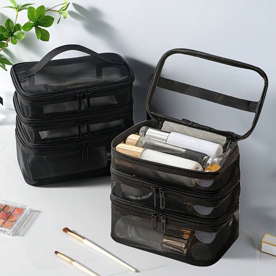 Nylon Mesh 3-Layer Makeup Bag, Large Capacity Multi-Compartment Storage Bag, Multi-Function Toiletry Bag