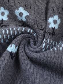 Wixra Graphic Floral Pattern Button Front Drop Shoulder Knit Cardigan Casual Long Sleeve Crew Neck Loose Sweater Outerwear - Grey - View 8