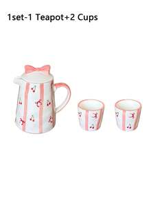 1 Set 1 Tetera 4 Tazas Juego de Té de Cerámica Resistente al Calor, Estilo Coreano Ins Lindo Pintado a Mano con Lazo | Juego de Té de Cereza, Adecuado para Tetera de Té de Flores, Hervidor de Agua de Té, Tetera de Infusión de Té, Juego de Preparación de Té, Reuniones de Fiesta, Todas las Estaciones - Multicolor - Ver 9