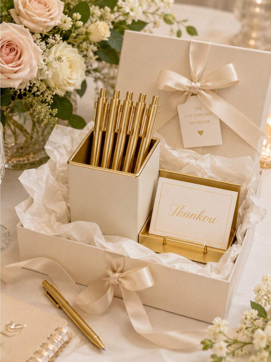 6pcs Luxury Gold Ballpoint Pens, Large Capacity Retractable Black Ink Pens, Smooth Writing, Suitable For Wedding Bridal Party, Business Office, Diary, Gift For Guests - A - View 1
