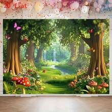 2D Flat 1pc Magic Forest Fairy Tale Background Banner With Mushrooms And Stream - Vibrant Polyester Party Banner - A - View 2