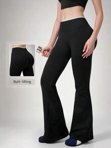 NcmRyu Women's 1pc Colorblock Fold-Over High Waist Running Gym Yoga Pants With Flared Leg - Black - View 1