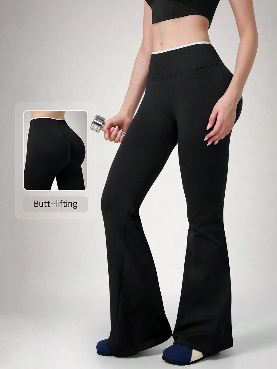 NcmRyu Women's 1pc Colorblock Fold-Over High Waist Running Gym Yoga Pants With Flared Leg - Black - View 1