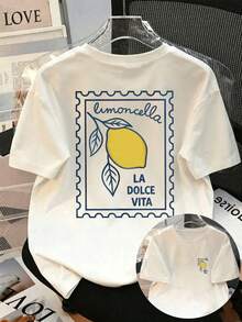Plus Size Women's Summer Italian Style Lemon Print T-Shirt, Minimalist Artistic Style Casual White - White - View 10