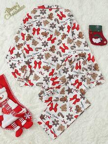 Christmas Print Women's Long Sleeve Long Pants Bubble Crinkle Pajama Set - Apricot - View 7