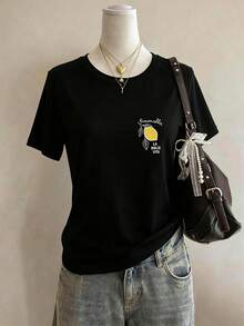 Women's Summer Italian Style Lemon Print T-Shirt, Minimalist Artistic Style, Round Neck Short Sleeve, Loose , Plus Size Women's Top Casual Black - Black - View 9