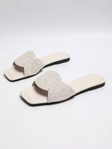 Women's New Solid Color Square Toe Flat Slide Sandals, Sparkling Rhinestone Upper, Fashionable Elegant Versatile, Suitable For Summer Outings, Weddings, Dates, Parties, Beach, Vacation - Beige - View 5