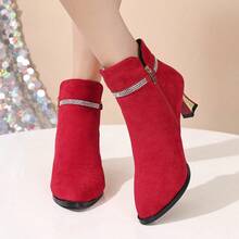 Matte Leather Boots Women's 2026 Autumn/Winter Chelsea Ankle Boots Mid-Heel Thermal-Lined Pointed Toe Rhinestone Chunky Heel Red Boots - Red - View 3