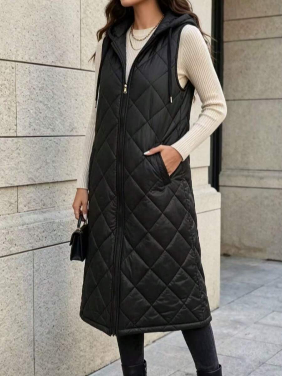 1pc Women's Casual Long Hooded Vest Top Jacket - Black - View 1