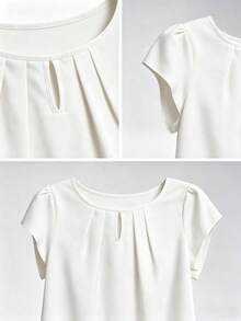 1pc Elegant Short Sleeve Solid Color Woven Fabric Pleated Decor Women's Top, Suitable For Vacation, College, Home, Dating, Spring And Summer Wear - White - View 5