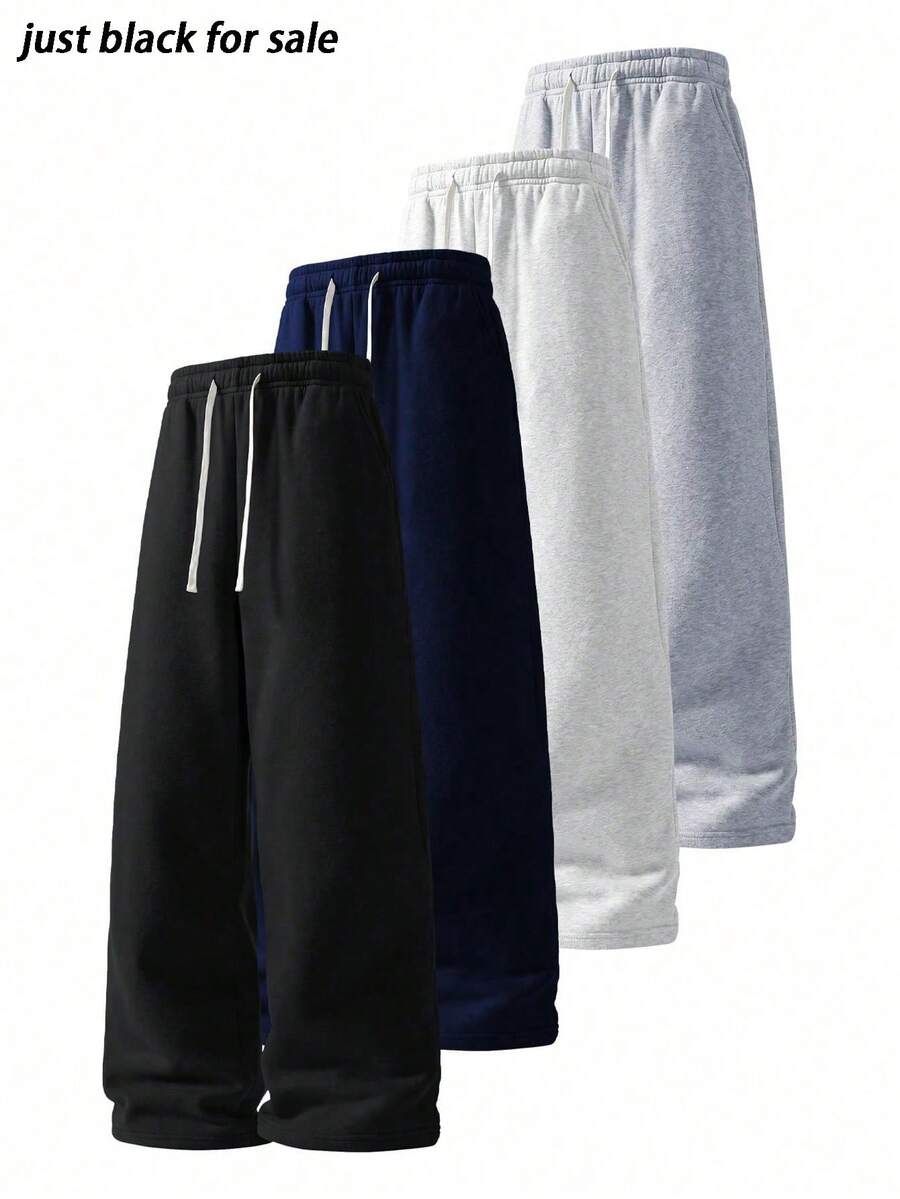 Men's Solid Color Wide Leg Casual Pants, Loose Straight Leg Sports Long Pants With Elastic Drawstring Design, Minimalist And Comfortable Black - Black - View 1