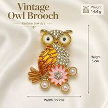 Retro Enamel Owl Lapel Pin, Rhinestone Pearl Flower Inlaid Animal Brooch, Two‑Tone Elegant Accessory For Women Daily Outfit - Multicolor - View 13