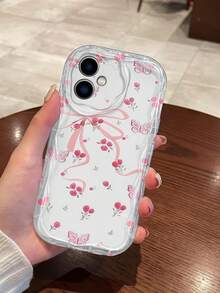 1pc Creamy Wavy Edge Shockproof Anti-Fall Protective Phone Case, Wavy Edge Transparent Phone Case (Cute Pink Ribbon Bow Cherry Butterfly Print Transparent Anti-Fall Soft TPU Phone Protective Case Suitable For Android), Suitable For Girls And Women, Sweet Style Compatible With Samsung, Series Phones - Clear - View 2