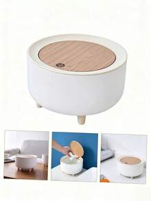 Cute Round Desktop Trash Can With Press Lid Set, Wood‑Grain Cover Small Tabletop Waste Bin,Trash Can,Back To School,Halloween,National Day,Christmas, Decorative Countertop Garbage Bin For Desk, Bedroom, Kitchen - View 6
