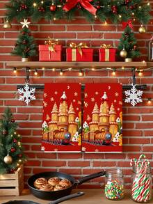 2pcs Christmas Gingerbread Castle And Cookie Print Kitchen Towels, Colorful Candy Winter Village Design Dish Cloths, Suitable For Kitchen Cleaning & Christmas Decor - Red - View 4