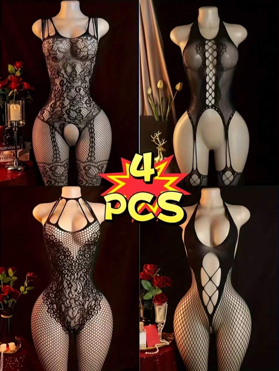 4-Piece Set Of Charming Tank Tops, Featuring New Design With High Elasticity Mesh Fabric, Wide Leg Cut And Deep V-Neck Mesh Style. These Tank Tops Have Large Openings, Made Of Fishnet Fabric, Providing A Fitted Cut Effect, Sleeveless. - Black - View 1