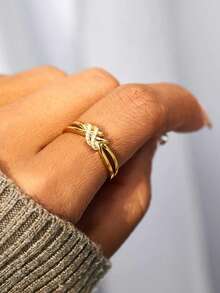 1pc Gold Vintage Minimalist Elegant Line Twisted Knotted Rhinestone Adjustable Ring, Suitable For Women's Daily Commute, Holiday, Gift - Gold - View 4