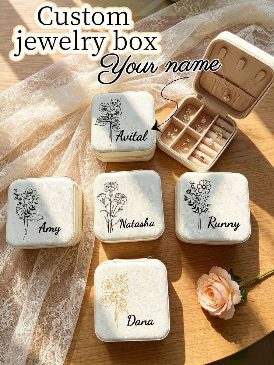 Personalized Jewelry Box, Travel Jewelry Box, PU Leather Jewelry Storage Box, Best Friend Gift, Mother's Day Gift, Holiday Gift Box, Portable Jewelry Box, Customized Name Jewelry Box, Artistic Floral PU Square Jewelry Box, Supports Personalized Name Initial Customization. Portable Travel Leather Ring Box, Compact And Easy To Store In Bag, Can Store Rings, Necklaces, Earrings, Zipper Closure Dust-Proof And Anti-Drop. - Multicolor - View 1