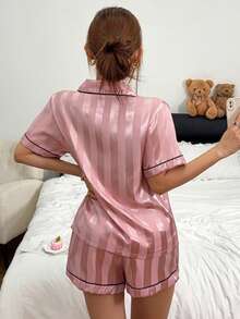 Dreamivo Simple Solid Color Satin Pocket Embroidered Casual Set, Short Sleeve Button-Up Collar Top And Elastic Waist Pants, Women's Loungewear - Pink - View 2
