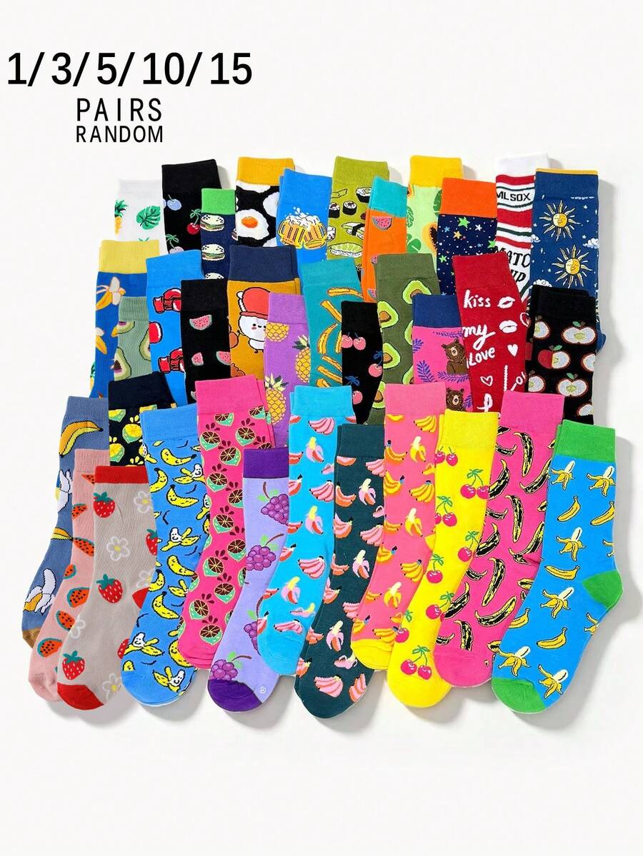 1/3/5/10/15 Pairs Random Unisex Fruit Pattern Street Style Comfortable Breathable Mid-Calf Socks - Multicolor - View 1