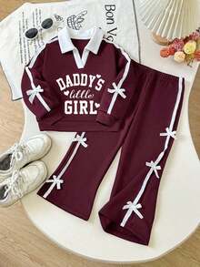 Tween Girl Cartoon Letter Pattern Embroidered V-Neck Long Sleeve Sweatshirt And Pants - Burgundy - View 2