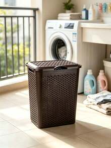 Plastic Rattan Laundry Hamper With Lid, Large‑Capacity Breathable Dirty Clothes Basket With Sturdy Handles & Dust‑Proof Cover, For Bathroom, Laundry Room, Bedroom & Closet, Perfect For Family And Dorm Students To Store Garments, Towels & Linens - Multicolor - View 8