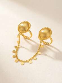 24K Gold Plated Double Chain Set, Rust-Resistant Gold Alternative Round Disc Beaded Pendant Coin Pendant Open Ring Fine Jewelry - Oval - View 8