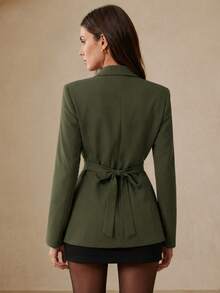 Women's Olive Green Lightweight Blazer, Lace Lapel, Long Sleeve Regular Fit, Back Tie Design, Suitable For Autumn/Winter Wear - Dark Green - View 5