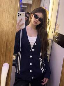 Autumn/Winter Striped V-Neck Loose Casual Versatile Long Sleeve Cardigan - Blue - View 4