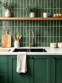 Self-Adhesive Anti-Splash Wall Tile, 12*12 Inch Green Marble Strip Self-Adhesive Wall Tile, Glossy Waterproof Oil-Resistant Removable Mosaic Tile Sticker, 2D Textured Decorative Wall Sticker, Suitable For Kitchen, Bathroom, RV, Laundry Room Wall Decoration - Dark Green Large Size - View 3