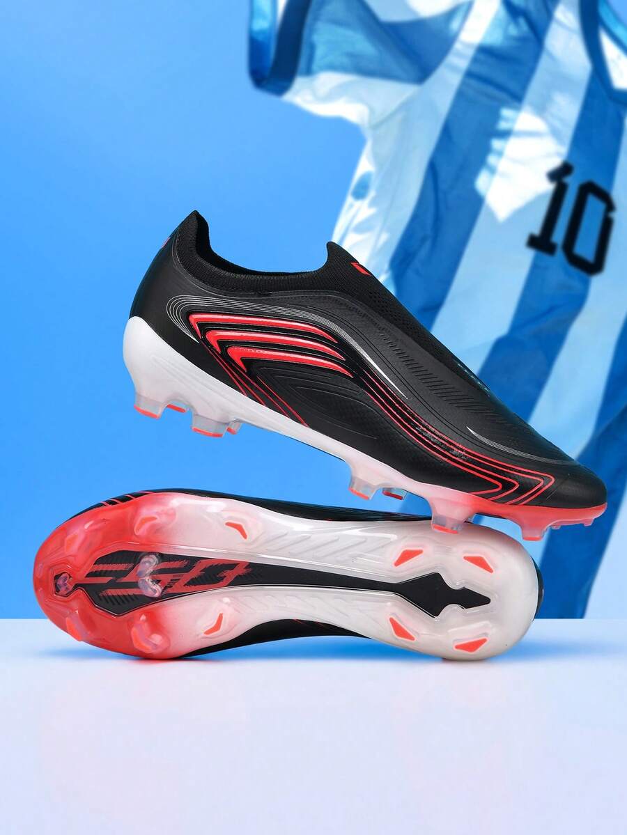 1 Pasang Sepatu Sepak Bola Pria Terbaru Gaya Piala Dunia, Sepatu Latihan Lapangan Rumput AG dengan Stud Panjang - Hitam - View 1
