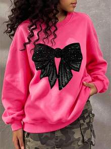 Girls' Crew Neck Pullover Sweatshirt, Printed With Shiny Black Bow Pattern, Sweet Style Loose Fit, Suitable For Spring And Autumn - Hot Pink - View 2