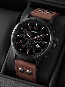 3/5PCS Men's Business Casual Watch Gift Set, Calendar Watch + Keychain + Pen + Brown Glasses + Embossed Wallet, Perfect Gift For Daily Wear And Gifting - Mouldless - View 4