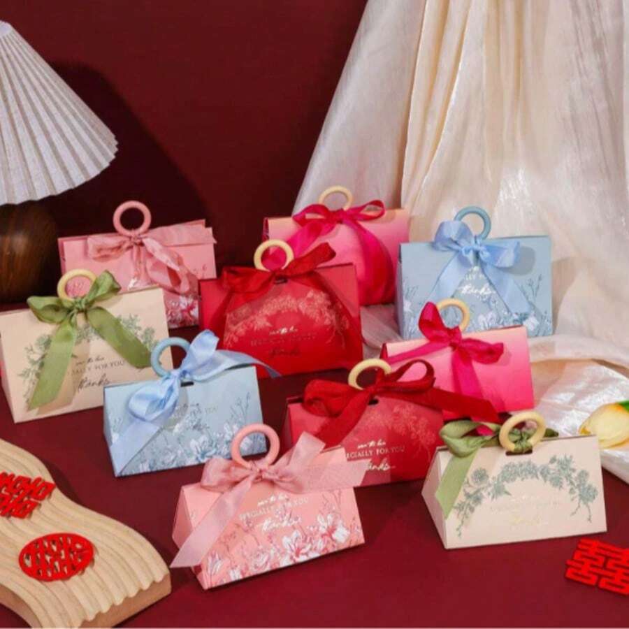 20pcs Luxury Floral Handheld Wedding Candy Boxes, Plastic Ring + Satin Bow Pearl Decoration, Morandi Multicolor Paper Gift Bags, Suitable For Wedding Party, Bridal Shower, Guest Favors, Jewelry, Candle Gift Packaging - Multicolor - View 1