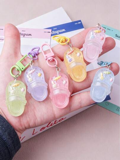 1/6pcs Icy Translucent Glitter Jelly Color Cartoon Clogs, With Fork, Croissant, Cream Decoration, Suitable For Daily Matching, Bag And Backpack Charms, Commemorative Gift For Friends